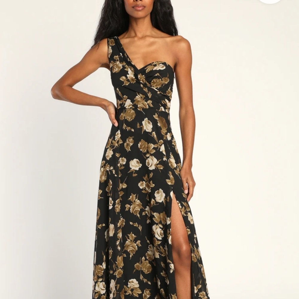 Lulus Black Floral Print 1 Shoulder Maxi